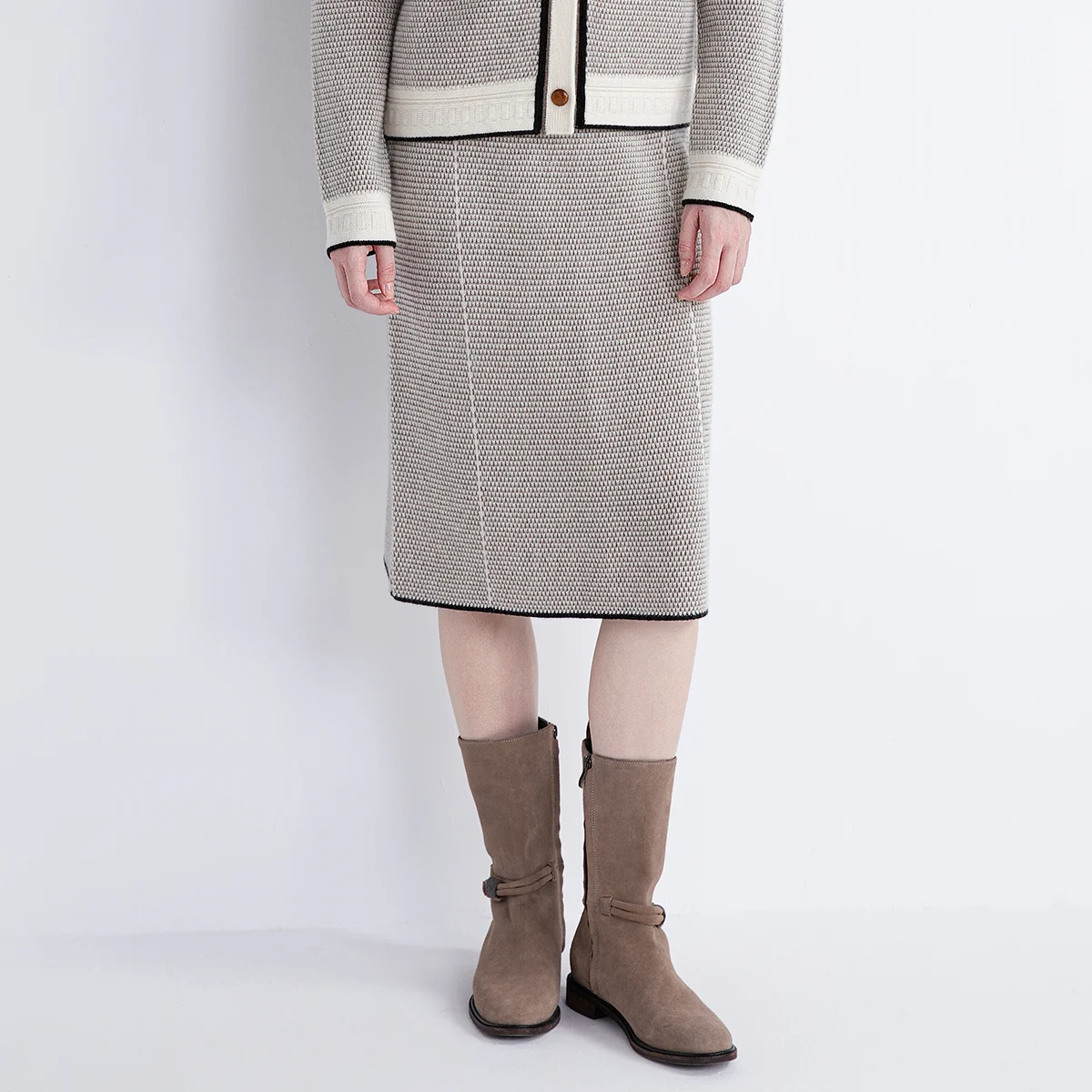TH652104 Minimalist Luxury Women’s Wool LP Skirt 70% Wool 30% Cashmere Knit Midi Skirt