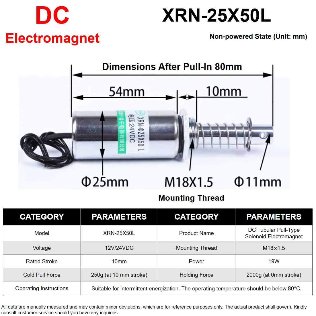 XRN-25X50L DC Pull Type Tubular Solenoid Electromagnet Industrial Solenoid Coil Easy Mount Linear Actuator