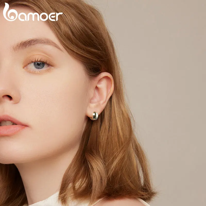 Bamoer 925 Sterling Silver Fashion Round Ball Hoop Earrings Plated Gold Mirror Slap Piercing Ear Buckles for Women Fine Jewelry