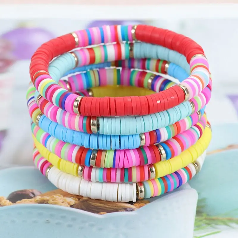 12Pcs/set Surfer Polymer clay String Stretch Bracelet Elastic Layered Friendship Bracelet Bohemian Summer Beach Jewelry