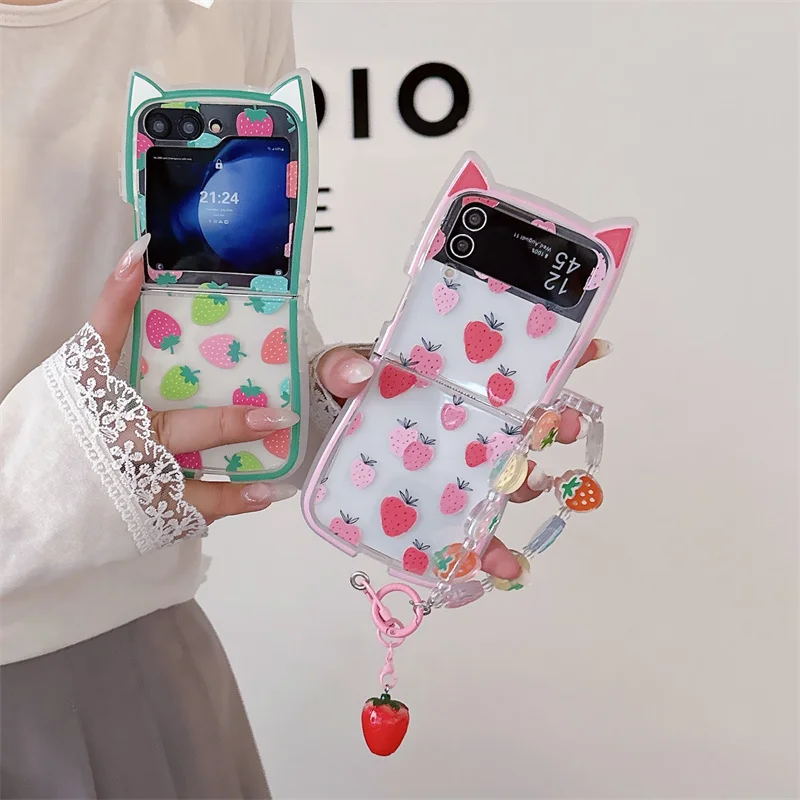 

Korean Cute Cat Ears Strawberry phone case for Samsung Galaxy zflip4 Z Flip5 6 flip3 Flip6 cartoon fashion silicone band chain