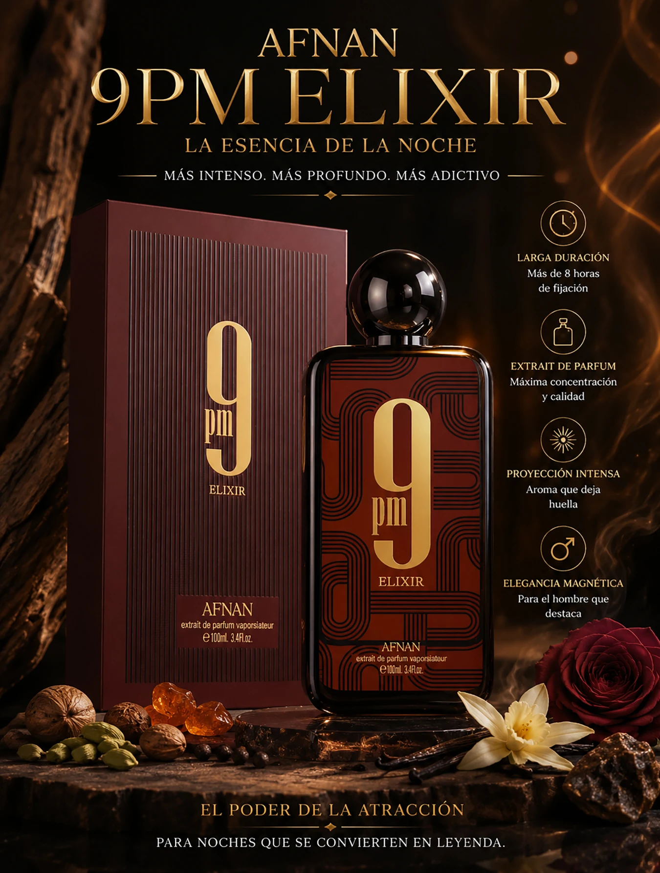 Perfume Afnan 9pm Elixir 100ml Extrait de Parfum. Fragancia Oriental Especiada para Hombre. Aroma Intenso, Sofisticado y de Larga Duración. Notas de Piel y Vainilla. Ideal para Noches Especiales, Citas y Eventos. Produ