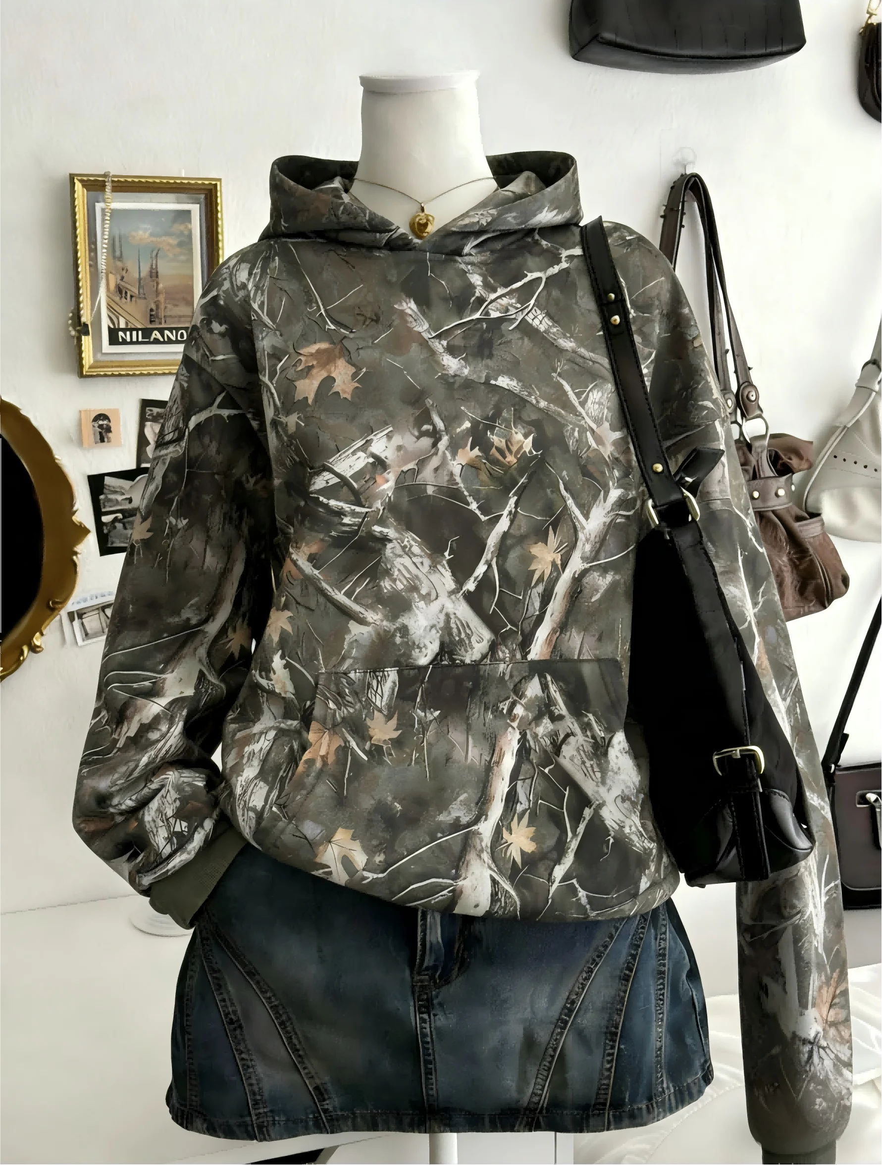 2026 American Retro Maple Leaf Print Hoodie Women’s Fall Aesthetic Loose Drop Shoulder Long Sleeve Pullover