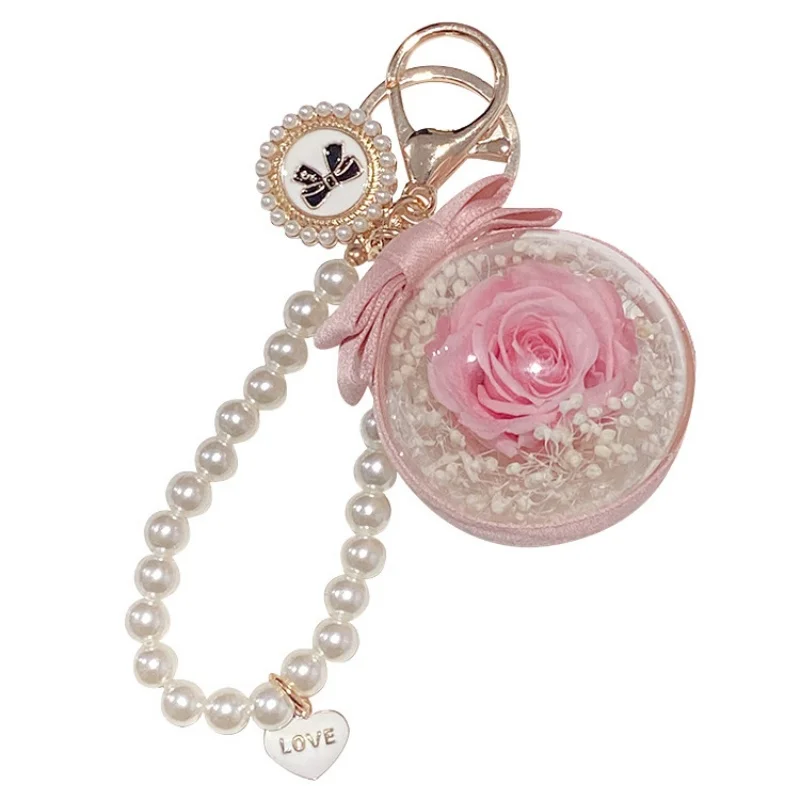 Hot Fashion Preserved Rose Flower Keychain Cute Pearl Beads Bowknot Key Ring Car Bag Pendant Decor Romantic Gift for Women Girl