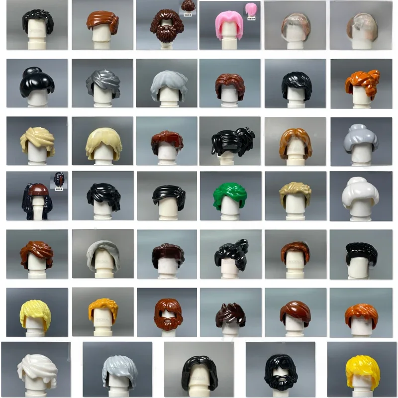 MOC – figurines de ville, pièces de corps, blocs de construction, coiffures, tête de fille et garçon, marron, noir, accessoires de coiffure, jouets en brique