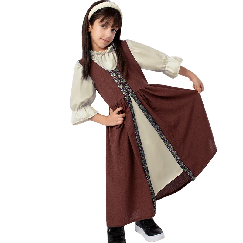 

Girls Brown Medieval Renaissance Costume Peasant Gown Chemise Fancy Dress Up Halloween Kids Cosplay