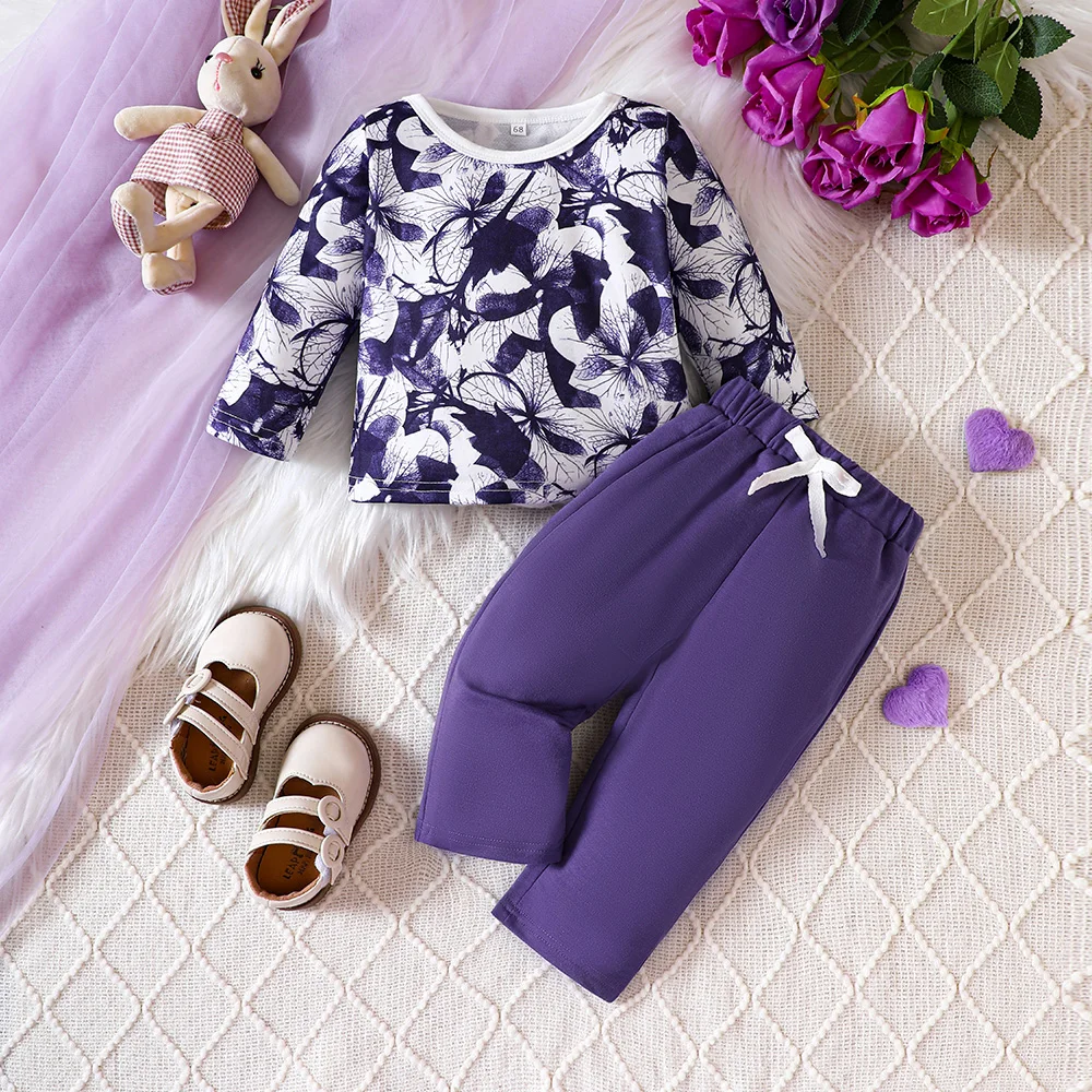 

Adorable Baby Girl Flower Purple Top and Joggers Outfit 2pcs Set 3-24M