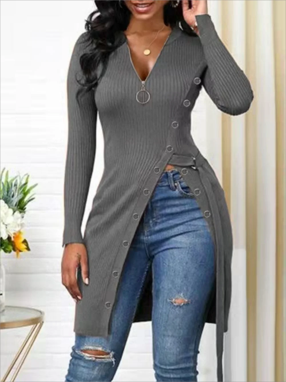 New European and American Women\'s V-neck Long Sleeve High Slit Threaded Zipper T-shirt Tops