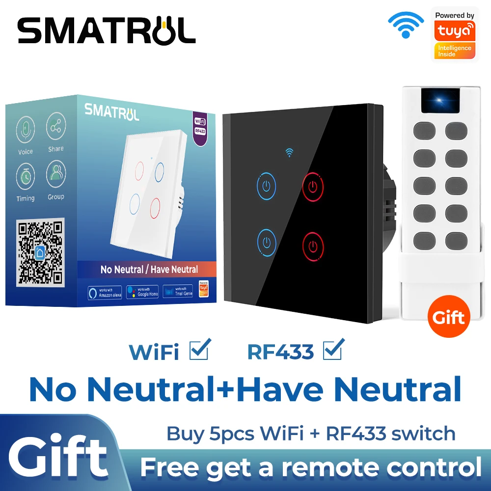 

SMATRUL Tuya WiFi Touch Smart Switch Light Without Neutral Wire Glass Wall EU Two-Way Control 220V Timer For Alexa Google Home