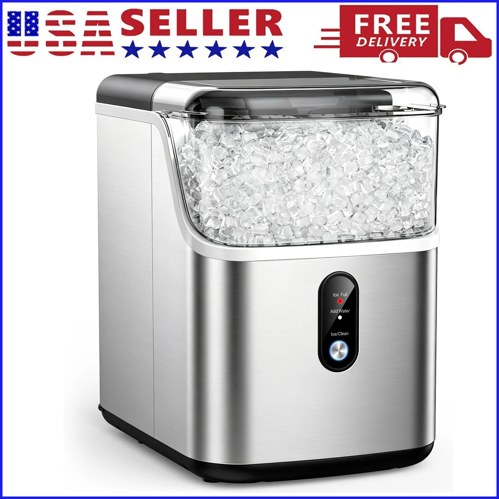 Nugget ice Maker countertop, Soft Pebble Ice Machine 40lbs/Day Small Chewable Pellet ice, Stainless Steel Quiet Mini Chewy Ice Maker Self Cleaning, Ice Ready in 6 Mins for Home Kitchen Office