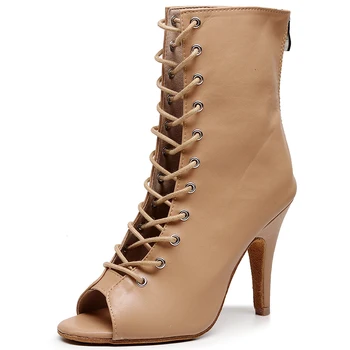 Bayanlar kahverengi opem tpe dans botties kadın Stiletto topuk dans kadın dantel up balo salonu caz dancingShoes küba topuk 7.5cm/9cm