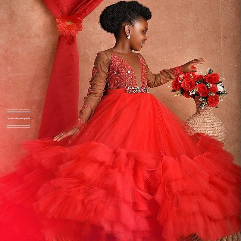 Robe de bal rouge en Tulle pour filles, tenue de fête d'anniversaire en dentelle avec perles, vêtements de concours pour tout-petits