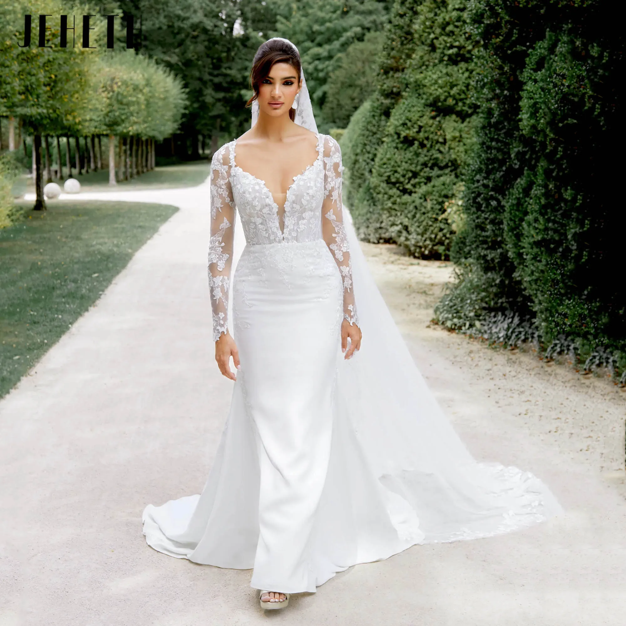 

JEHETH Mermaid V-neck Bridal Dress Elegant Backless Appliques Wedding Gowns Detachable Long Sleeves vestidos de novia Customized