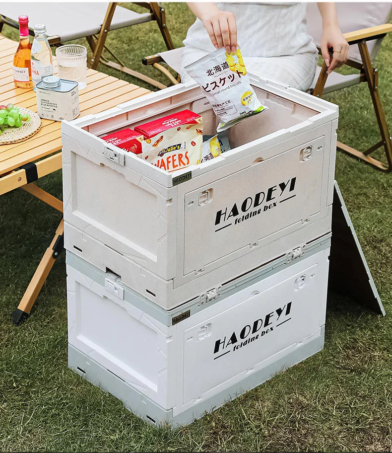 

50L Storage Box Folding Table Camping Picnic Car Trunk Double Layer Cover Storage Wood Box with wheels