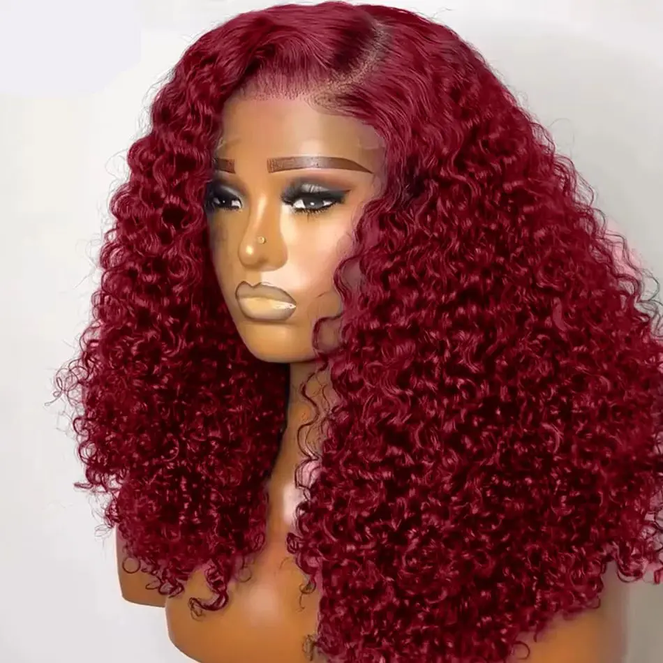 Perruque Bob Lace Wig Naturelle Bouclée, Cheveux Courts, Couleur Rouge Bordeaux 99J, 13x4, Deep Wave