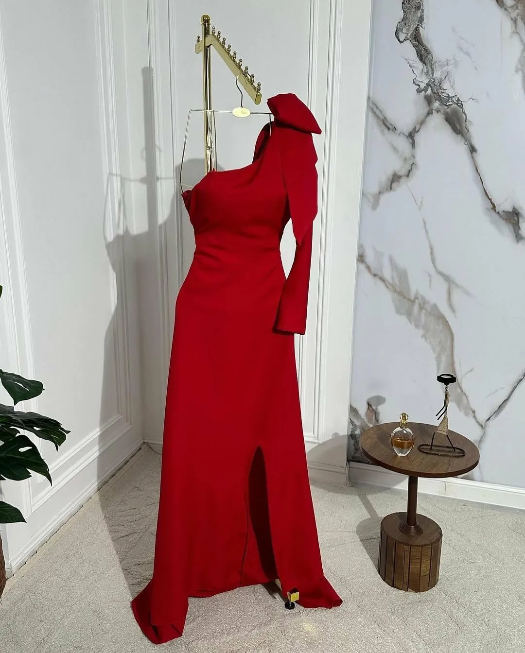 Msikoods Customized Red One Shoulder Prom Dress Bow Long Sleeve Sexy Side Slit Women Formal Party Gown for Wedding Guest Dress