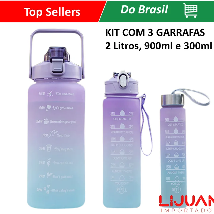 KIT 3 GARRAFAS 2Litros 900ml 300ml Squeeze Fases Motivadoras Adesivos 2D 3D