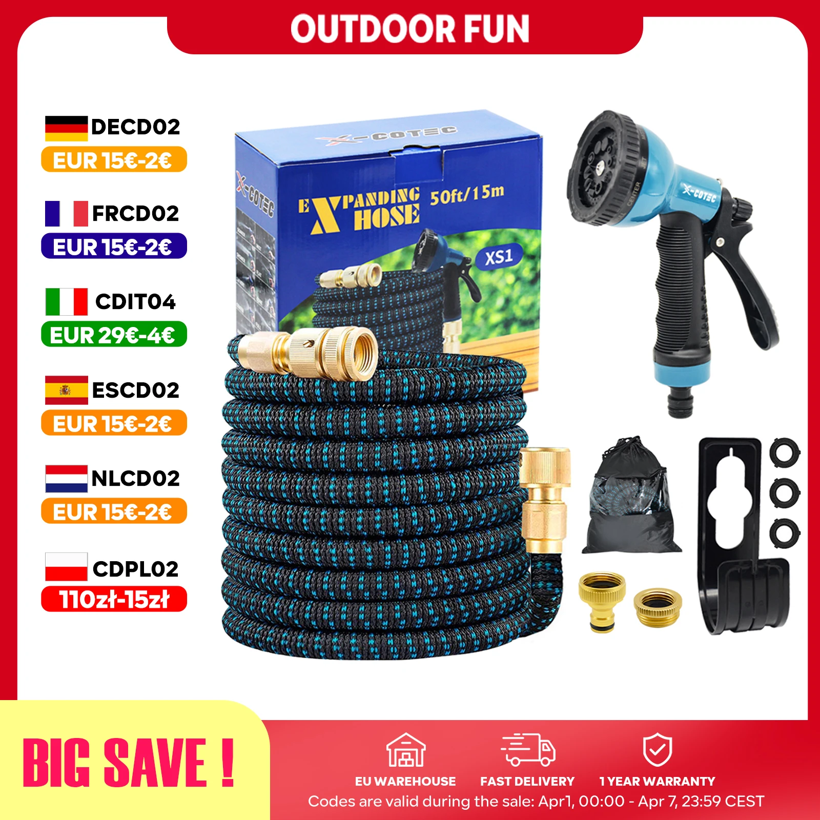 X-COTEC Tuyau d'Arrosage Extensible 15m/30m, Raccords Laiton 1/2" 3/4", Pistolet 10 Jets, Tuyau Flexible pour Jardin et Auto