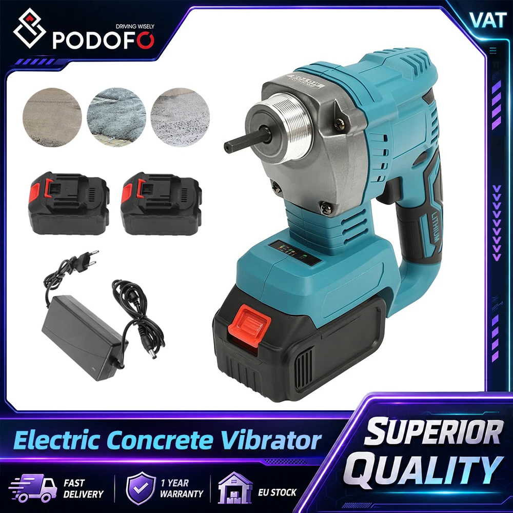 Vibrateur à béton portatif Podofo 3200 tr/min, 800 W, sans fil, électrique, type crayon, pour batterie Makita, pour le compactage de poutres annulaires, de socles en béton et de fondations sans tige de rehaussement.