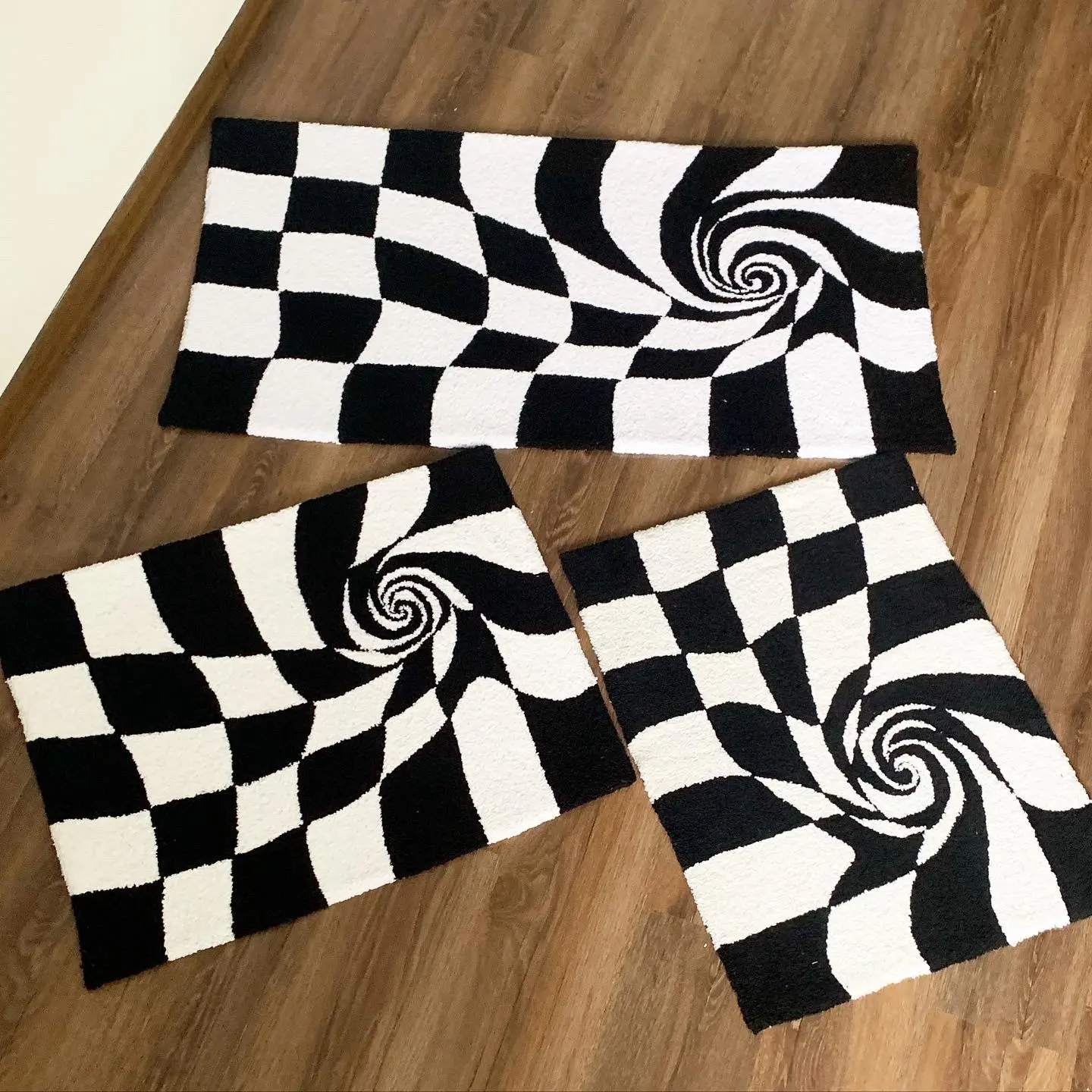 Swirl Black and White Plaid Rug Perspective Feast Modern Aesthetics Carpet Bedroom Soft Flannel Anti-Slip Home Decor Door Mat