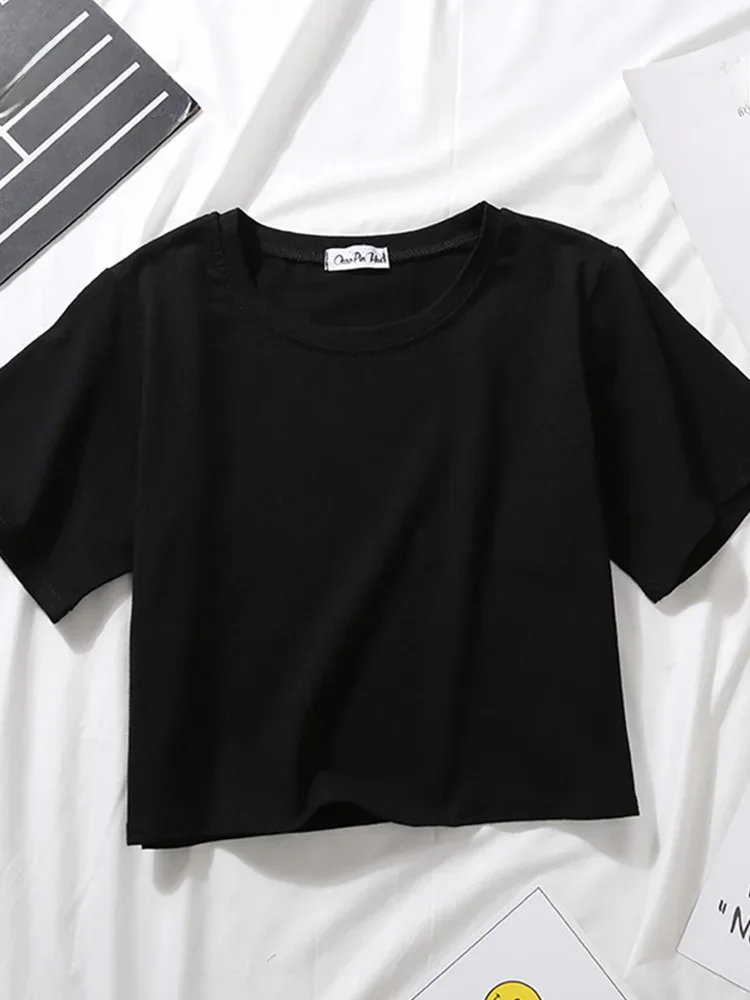 Été à manches courtes t-shirts femmes coton solide T-shirt col rond taille haute haut court T-shirt femme décontracté ample T-shirt