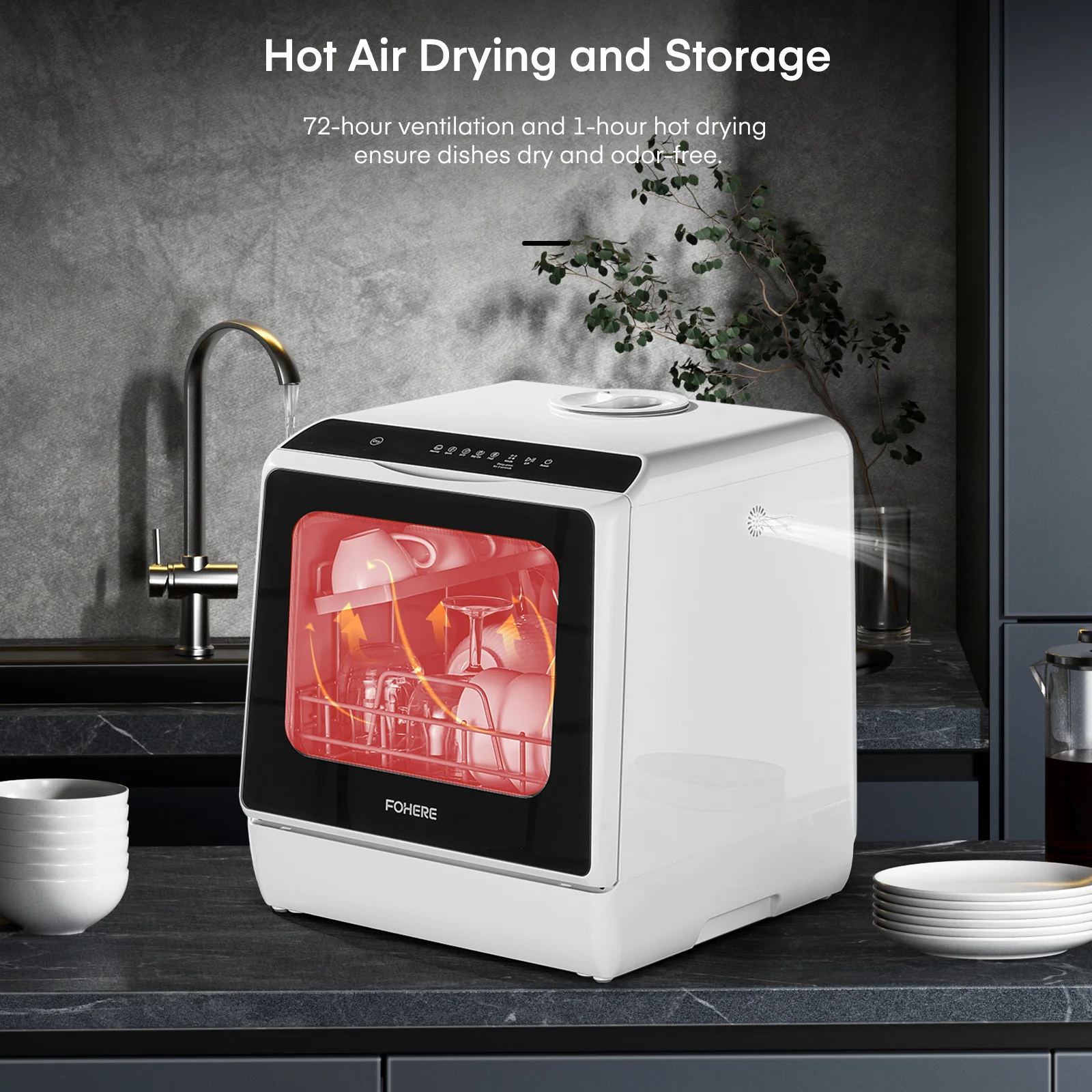 Compact Intelligent Countertop Dishwasher, 6 Programs, 2-in-1 Water Connection, Led Display, 3D 360 °   Double Spray with Built-In 5L Water Tank Suitable for Homes, Apartments, and Rvs