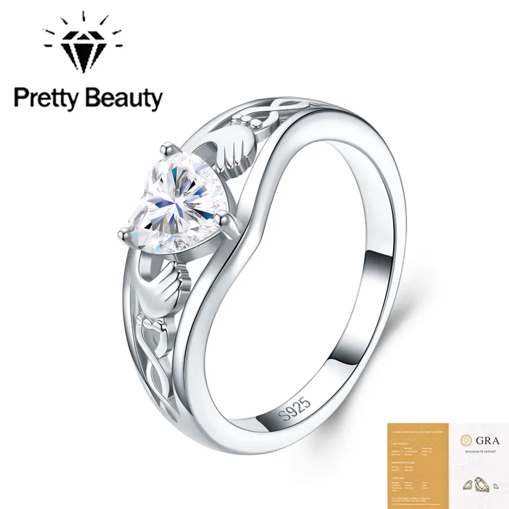 Pretty Beauty Moissanite Heart Shape Ring 925 Sterling Silver Claddagh Ring Wedding Band Anniversary Dainty Jewelry for Women