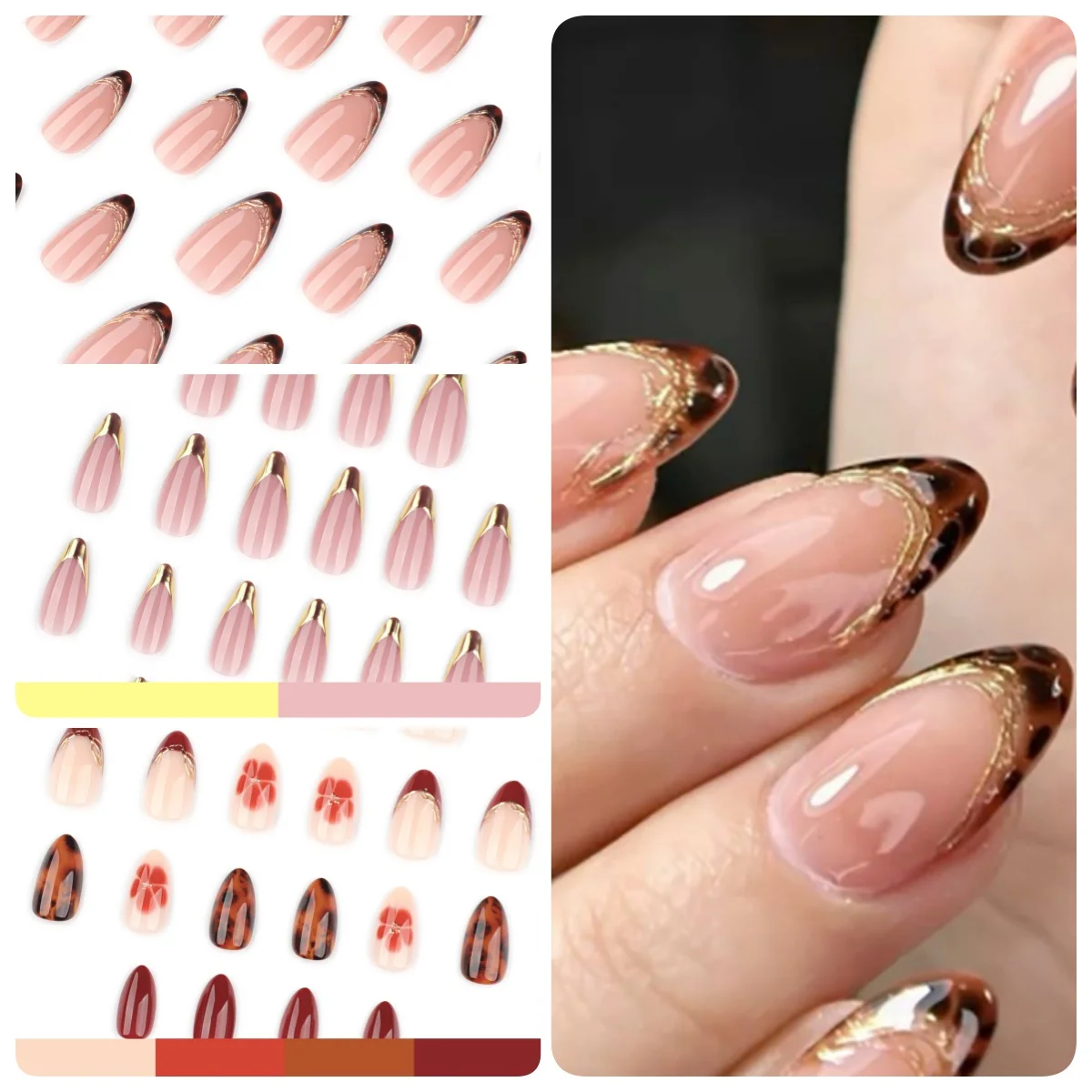 

24Pcs Short Oval Almond Press on Nails with French Leopard Print Brown Pattern Artificial Nails Tips Art Simple Winter Manicure