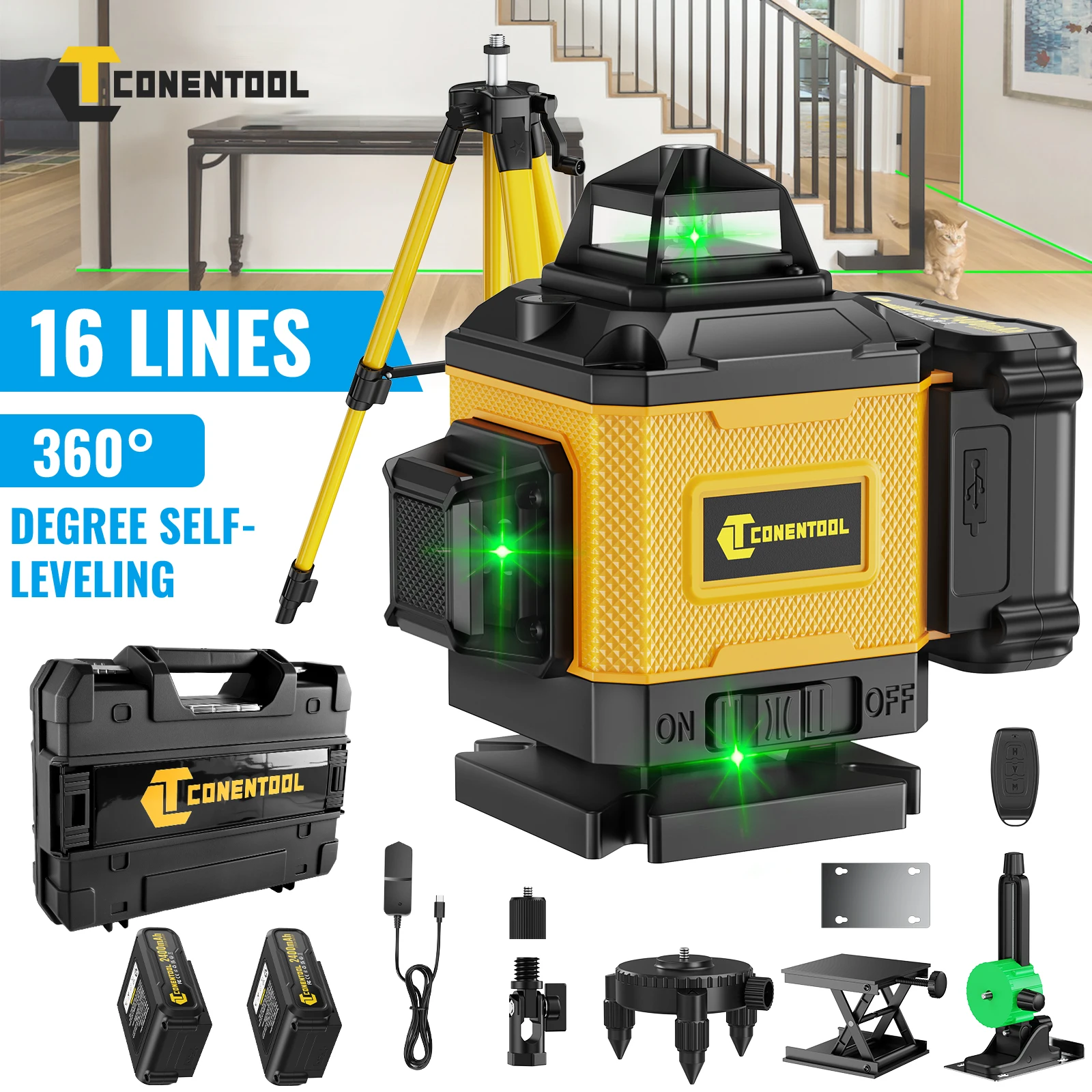 CONENTOOL Niveau laser 4D 16 lignes 360° °   Niveau laser croisé autonivelant sur trépied avec télécommande, batterie 3.6Ah, outil de mesure professionnel