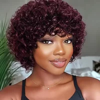 Debut-pelucas rizadas Afro de Pixie corto para mujeres negras, peluca Bob marrón Natural sin pegamento con flequillo, pelucas de cabello humano brasileño