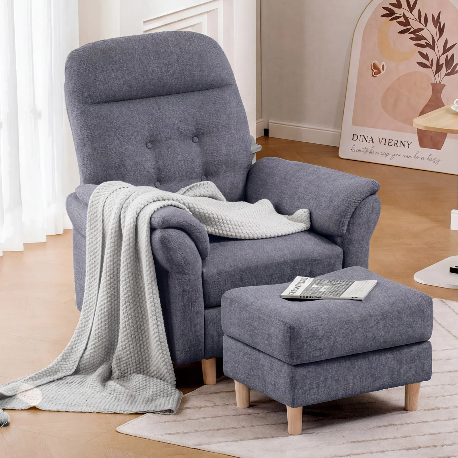 COMHOMA Relaxsessel Fernsehsessel mit Liegefunktion, Liegesessel mit Hocker & 4 Verstellbarer Rückenlehne, Polstersessel Stoff Einzelliegesessel Wohnzimmer Schlafzimmer Heimkino, Chenille