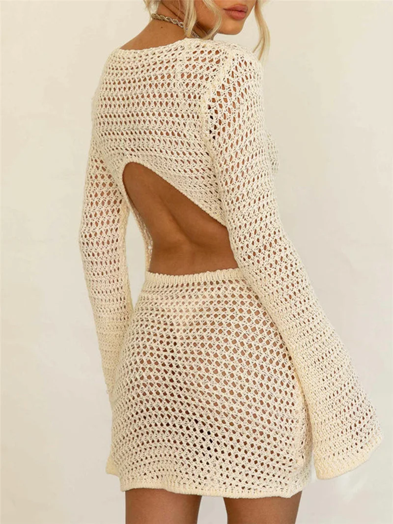 

Sexy Long Sleeve Hollow Out Backless Bodycon Dress Beach Knit Bikini Cover-ups Tunic Women Knit Swimwear Female Swimsuit Wrap