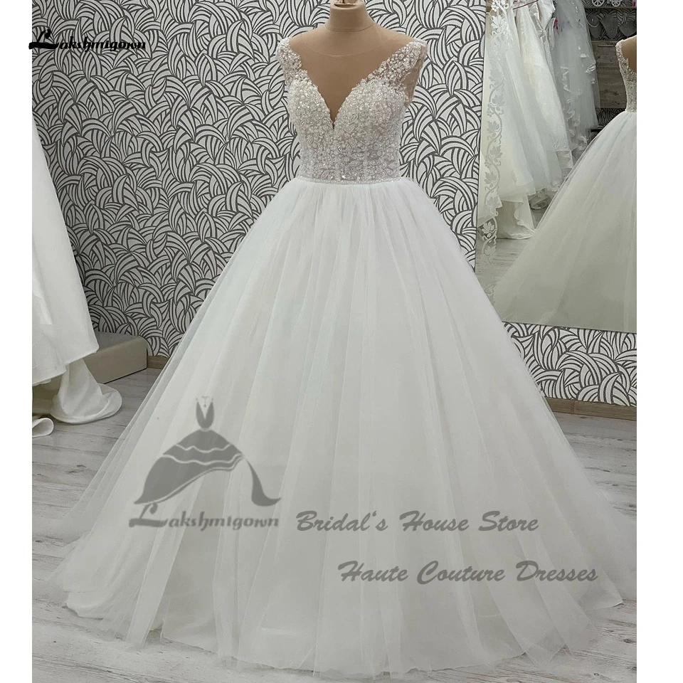 Lakshmigown Elegant Women Beach Wedding Gowns Bead Cap Sleeve 2024 Vestidos Sexy Glitter Tulle Long Bridal Dresses Lace Up Back