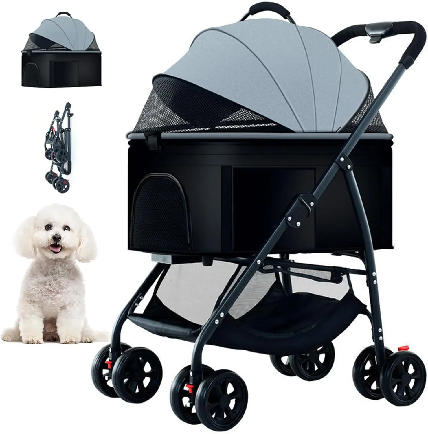 Hondenbuggy 2-in-1 dierenbuggy met afneembare draagmand, tot 40 kg (opvouwbare dierenkar met 360° wielen) ° Zwenkwielen, met geventileerd gaasvenster), ideaal voor honden, katten en andere