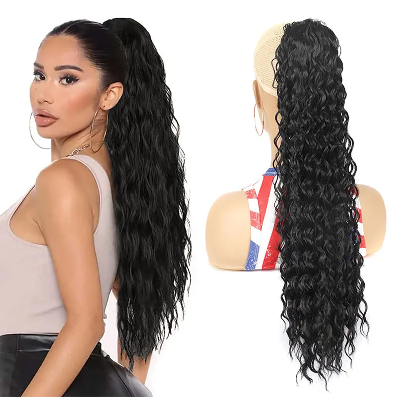 22inch Long Curly Wavy Synthetic Ponytail Extension Drawstring Ponytail Hair Extensions for Women Hairpiece for Daily Use Party