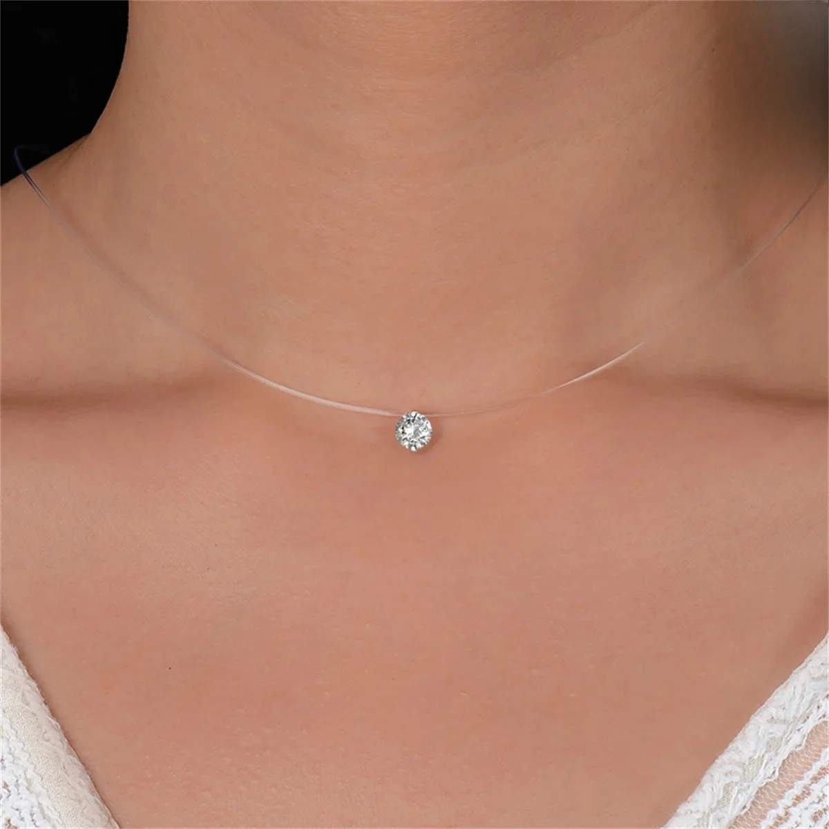 Collier en cristal brillant pour femmes, ligne de pêche transparente, rond en Zircon, ras du cou, chaîne de clavicule minimaliste, bijoux