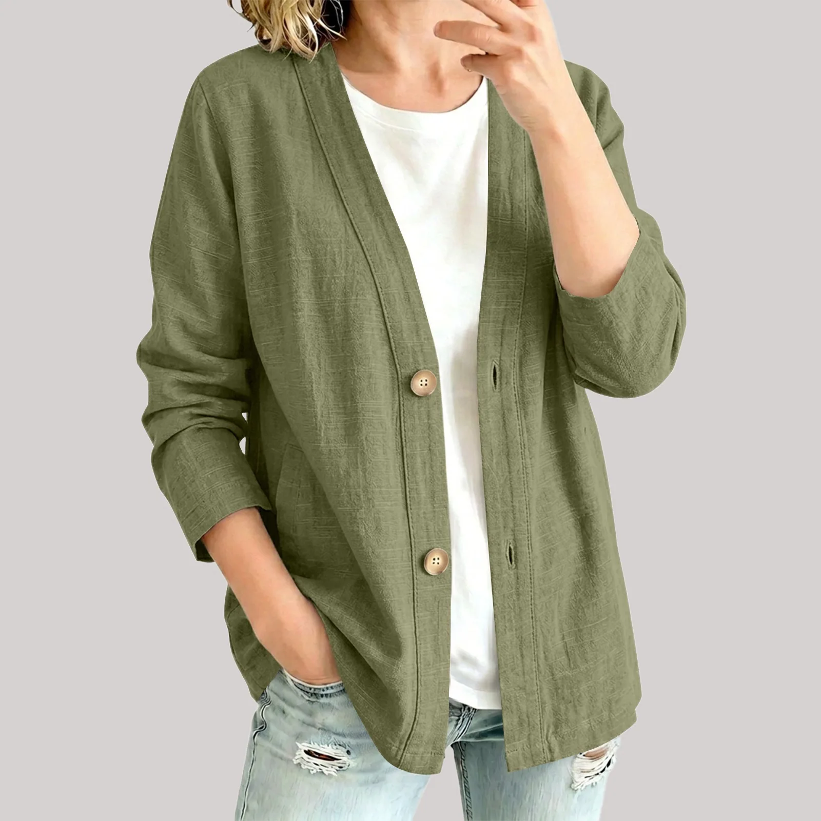 2026 new autumn long sleeved women's jacket, loose casual solid color V-neck button up cardigan jacket