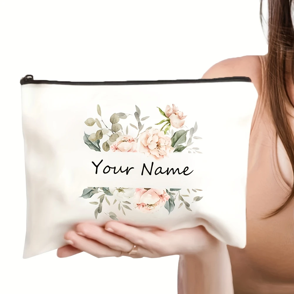 Custom Name Floral Beige Makeup Bag Light Travel Cosmetic Pouch Bridesmaid Gift Mother's Day Valentine Anniversary