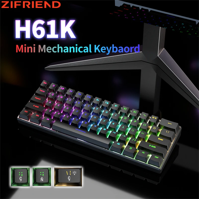 ZIFRIEND-Mini Teclado Mecânico, Preto, Vermelho, Azul, Interruptor Marrom, 3 Pins, Hot Swappable, USB, Tipo-C, RGB, 61 Chaves, H61K