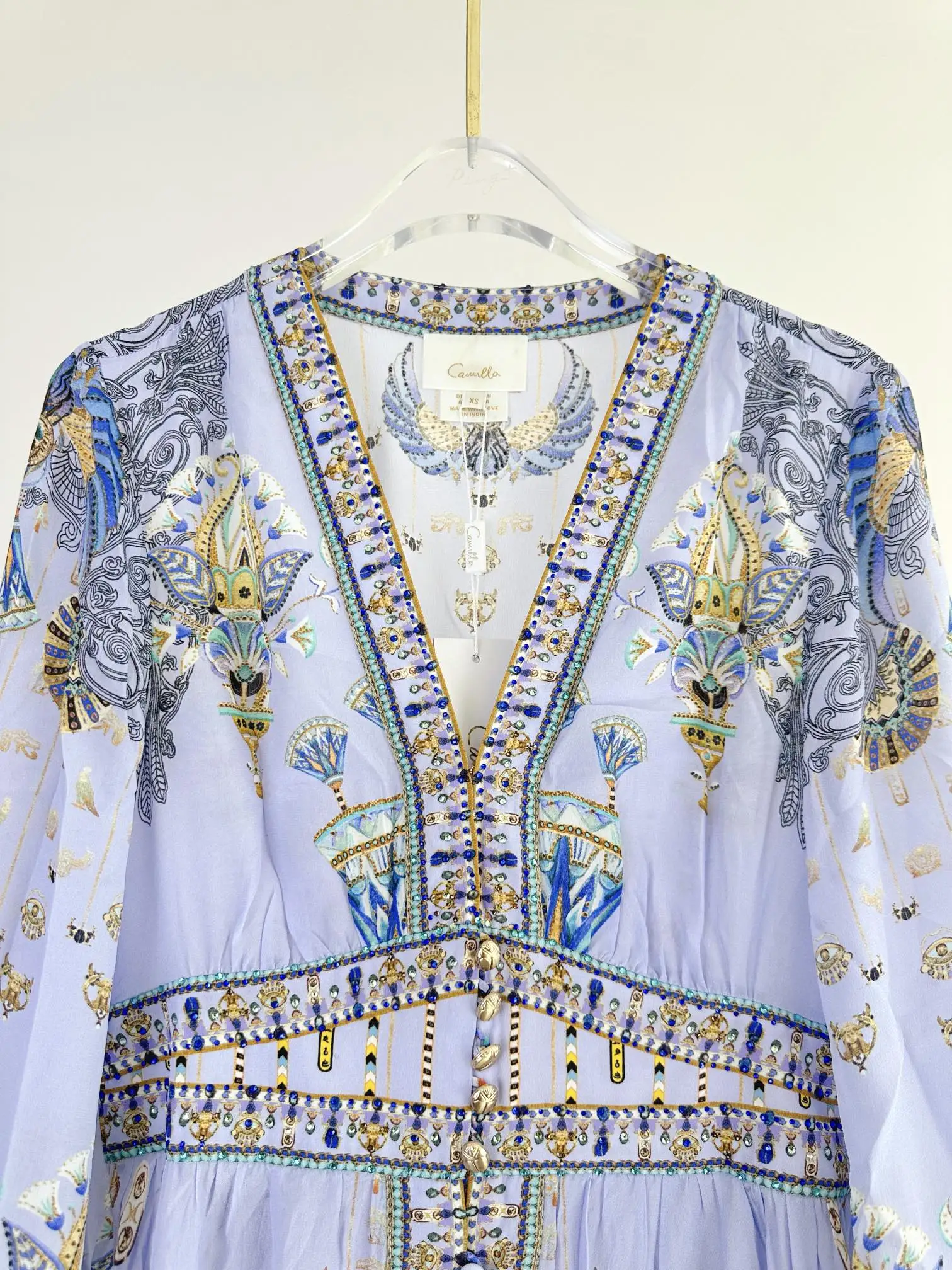 Abito longuette da donna con stampa scollo a V viola in vera seta al 100%. Estate Australian Diamond Runway Designer Beach Boho