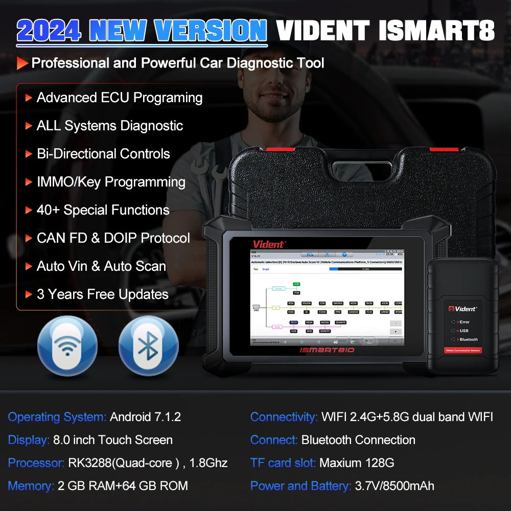 VIDENT iSmart810 BT Car Diagnostic Tool OBD2 Scanner ECU Coding Support DoIP&CAN FD Oil/EPB/ABS/TCM ,ect 40 Resets Funtion