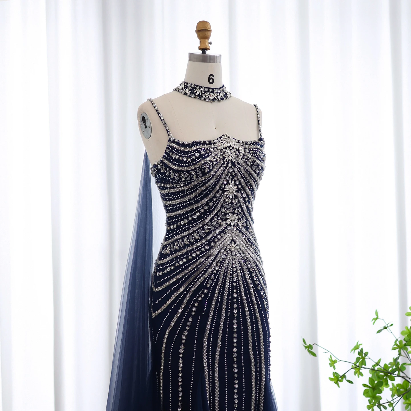 Sharon กล่าวว่าหรูหราดูไบ Navy Blue Blush สีชมพู Mermaid ชุดราตรี Chocker Cape สําหรับคํางานแต่งงานชุด SS325 ที่กําหนดเอง