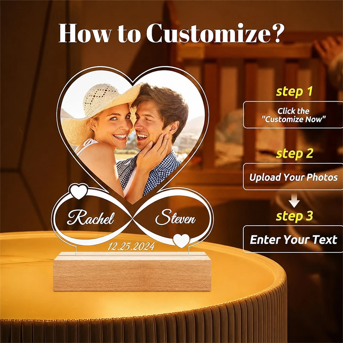Custom Photo Love Frame Personalized Acrylic Plaque Customized Picture Frames Anniversary Birthday Gifts with Light for Women
