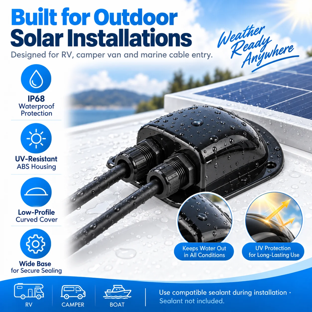 Waterproof Solar Cable Entry Gland 1/2 Hole UV Resistant ABS Roof Wire Box for RV Camper Van Boat 6-12mm Cables