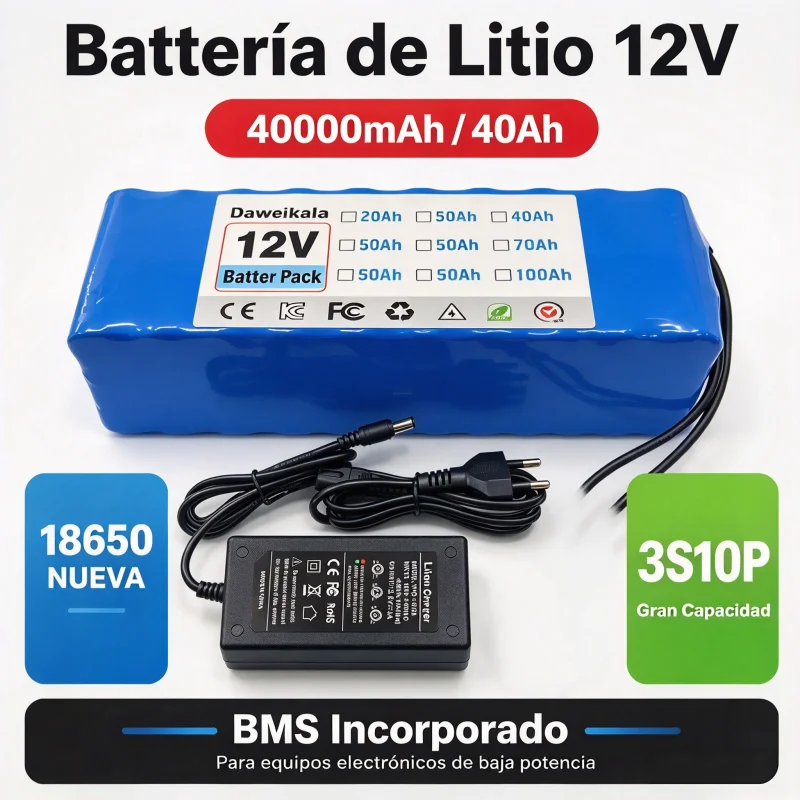 Batteria al Litio 12V 40Ah 40000mAh 18650 3S10P con BMS Integrato Ricaricabile con…