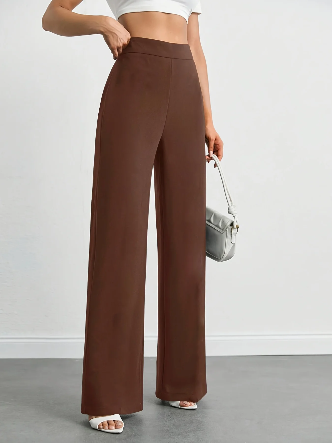 

A Fashionable Brown Wide Leg Pants, High Waisted Elastic Leggings, Suitable For Sports, Leisure, Yoga