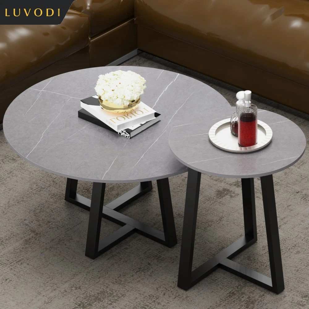 LUVODI Modern Set of 2 Living Room Round Center Table Furniture Marble Sofa Side Nesting Coffee Table with Metal Legs