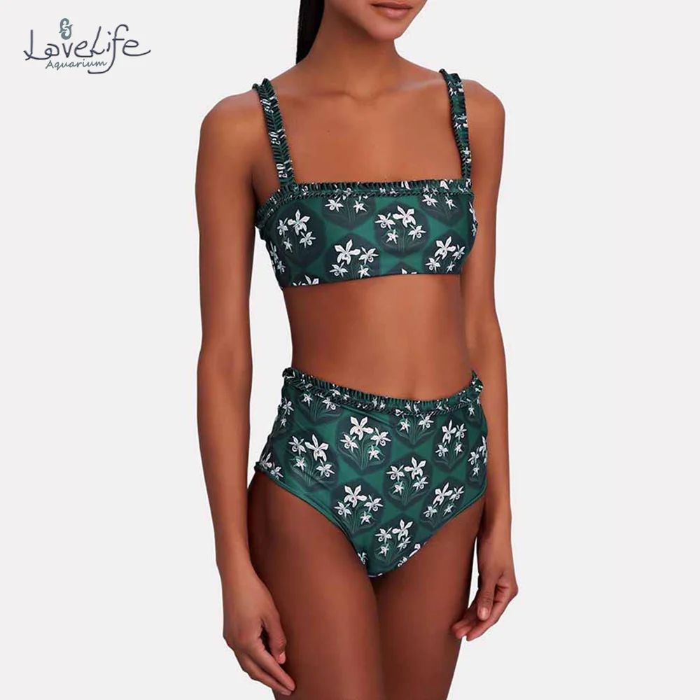 

Green Vintage Printed Fashion Sexy Bikini Triangle Micro Bikini Swimsuit Set Swimwear Girls Two Piece Brazilian Stripe Cutout