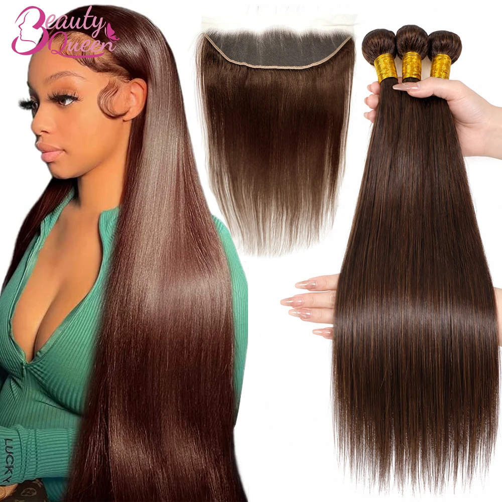 

#4 Brown Colored Straight Bundles With Frontal 30 Inch Brazilian Human Hair 3 Bundles With Front Deal Hair Extensions Tissage