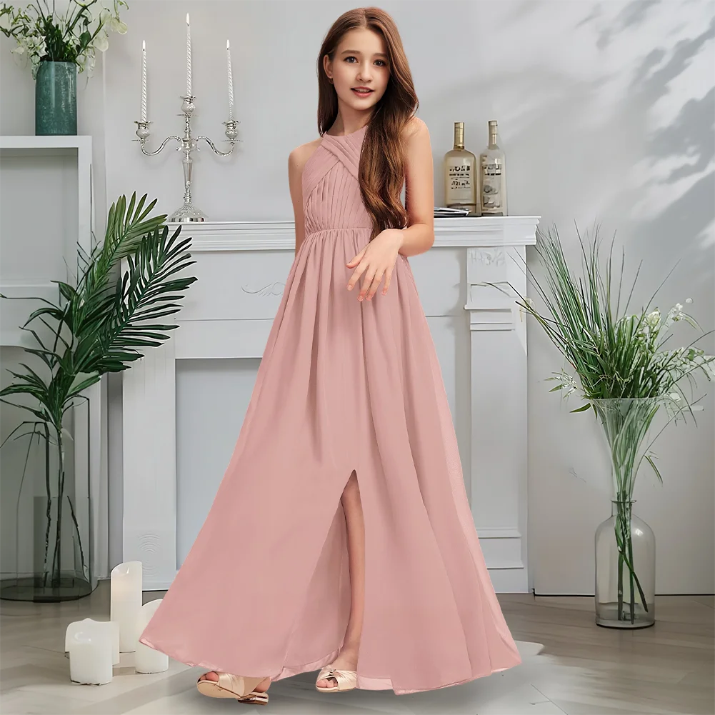

Luxurious Scoop Neck Junior Bridesmaid Dress Merlot Communion Dress Floor-Length Chiffon With Cascading Pleats Wedding Party